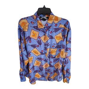 SK & Co Blouse Silk Print Size Large Long Sleeve Collared Button Down Shirt Blue